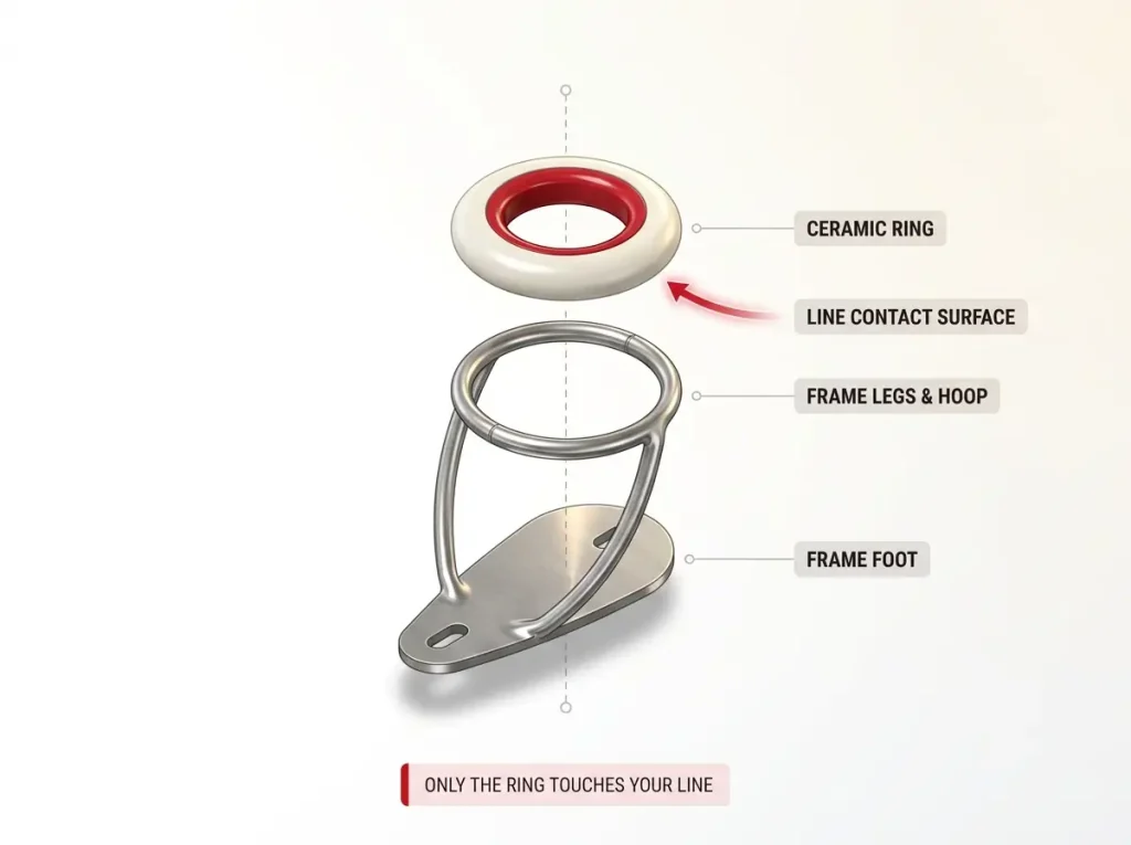 Infographic showing fishing rod guide anatomy with labeled frame foot, legs, hoop, and ceramic ring cutaway