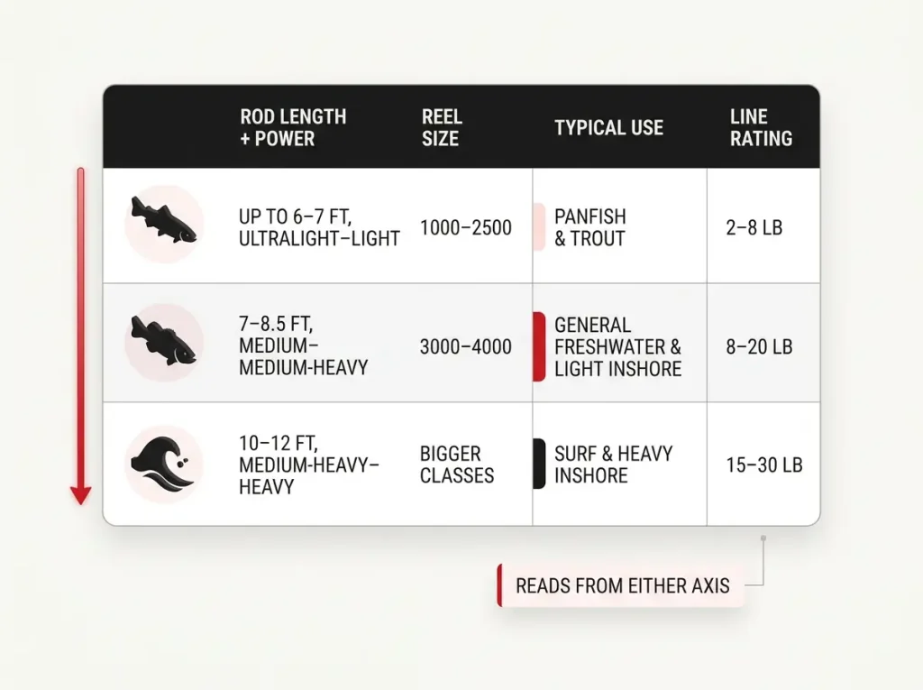 Infographic table showing rod length and power matched to reel size, typical use, and line rating band across four fishing tiers