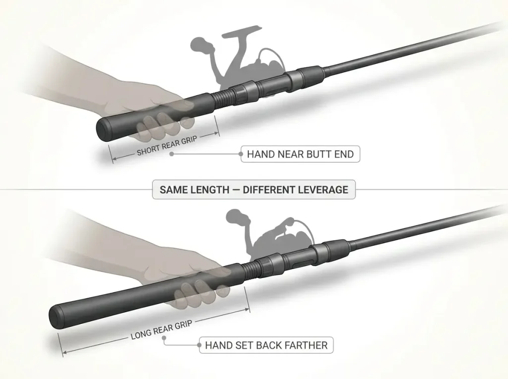 Annotated diagram comparing two 7-foot fishing rods with different rear grip lengths and hand position dimension markers