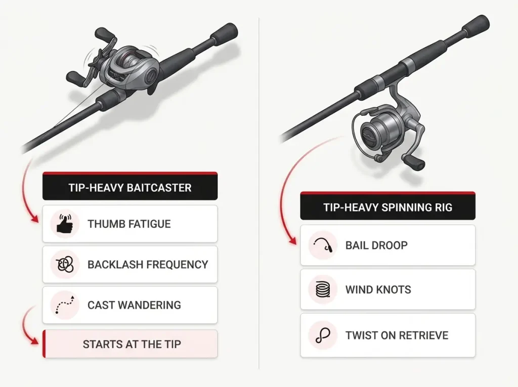 Infographic comparing tip-heavy baitcaster and spinning reel symptoms, including thumb fatigue, backlash, bail droop, and line twist