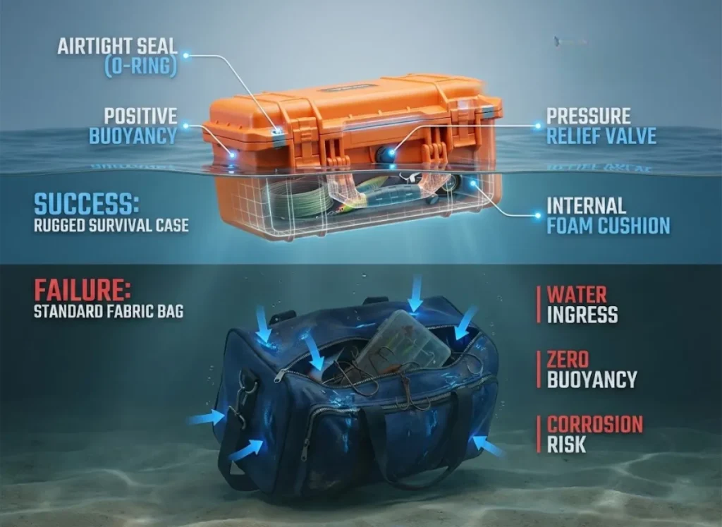 A technical infographic comparing the buoyancy of an IP67 hard case versus a fabric bag, displaying labels for airtight seals and water ingress.