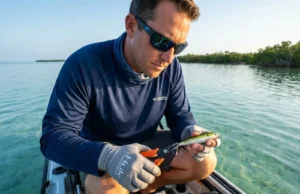 Treble to Single Hook Conversion: Field-Tested Size Chart Angler replacing treble hooks with single hooks on topwater fishing lure using split ring pliers in coastal kayak