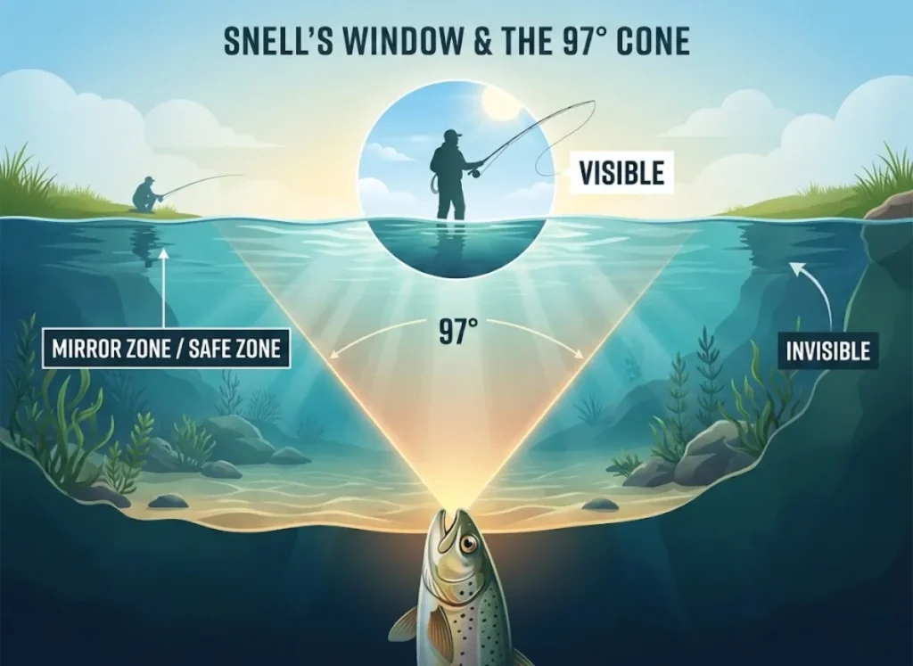An infographic diagram titled 'SNELL'S WINDOW & THE 97° CONE' illustrating an underwater fish's view. A glowing 97-degree cone extends upwards to the surface, where an angler is labeled 'VISIBLE' within the cone. Outside the cone, the surface is a mirror reflecting the lake bottom, labeled 'MIRROR ZONE / SAFE ZONE' and 'INVISIBLE', with a second angler low and far away. Text explains the phenomenon.