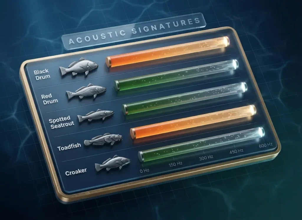 A premium 3D infographic visualizing the acoustic frequency ranges of five fish species (Black Drum, Red Drum, Spotted Seatrout, Toadfish, Croaker), featuring realistic silhouettes and luminous frequency bars set against a deep ocean background.