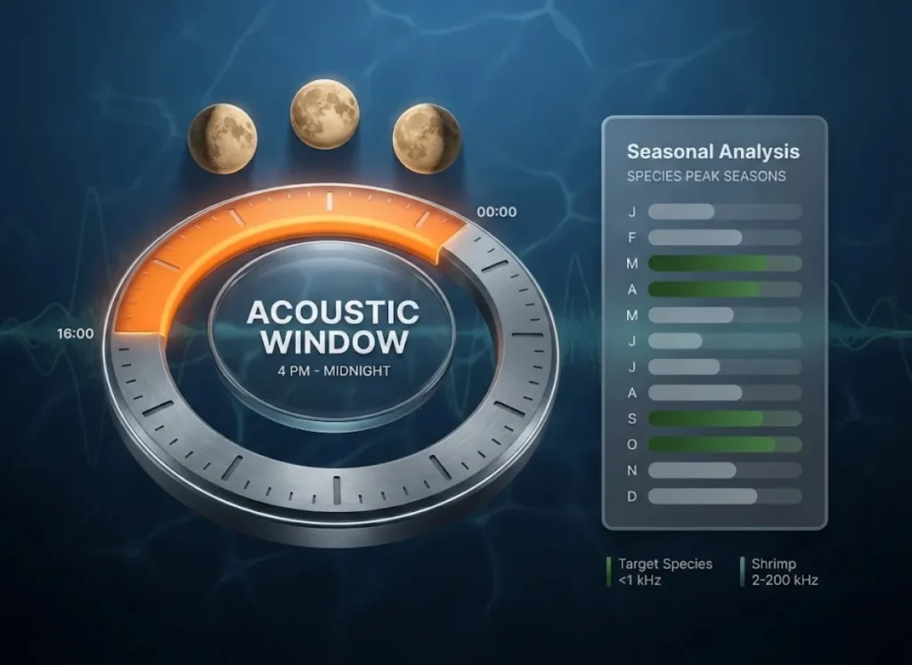 A premium 3D visualization featuring a 24-hour tactical clock highlighting the 4 PM to midnight acoustic window, with moon phase icons and a seasonal activity side panel, set against a deep blue underwater infographic style.
