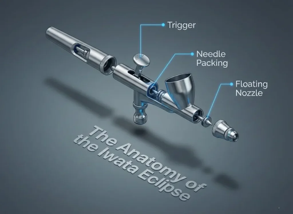 A photorealistic exploded view diagram of a high-end airbrush, specifically showing the internal mechanics like the trigger, needle packing, and nozzle, set against a clean studio background.
