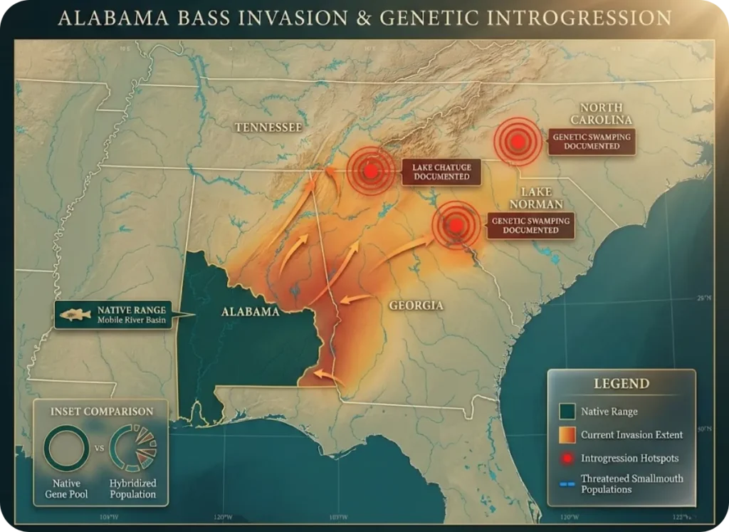 Scientific map infographic showing Alabama Bass native range in the Mobile River basin versus current invasive distribution across the southeastern United States, with genetic introgression hotspots highlighted at key reservoirs.