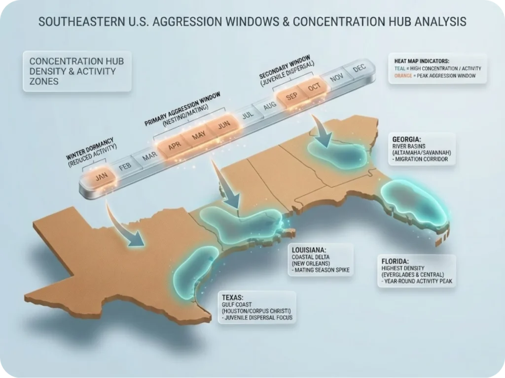 Technical infographic showing a regional map of the Southeastern United States with alligator concentration zones and a seasonal aggression timeline overlay.
