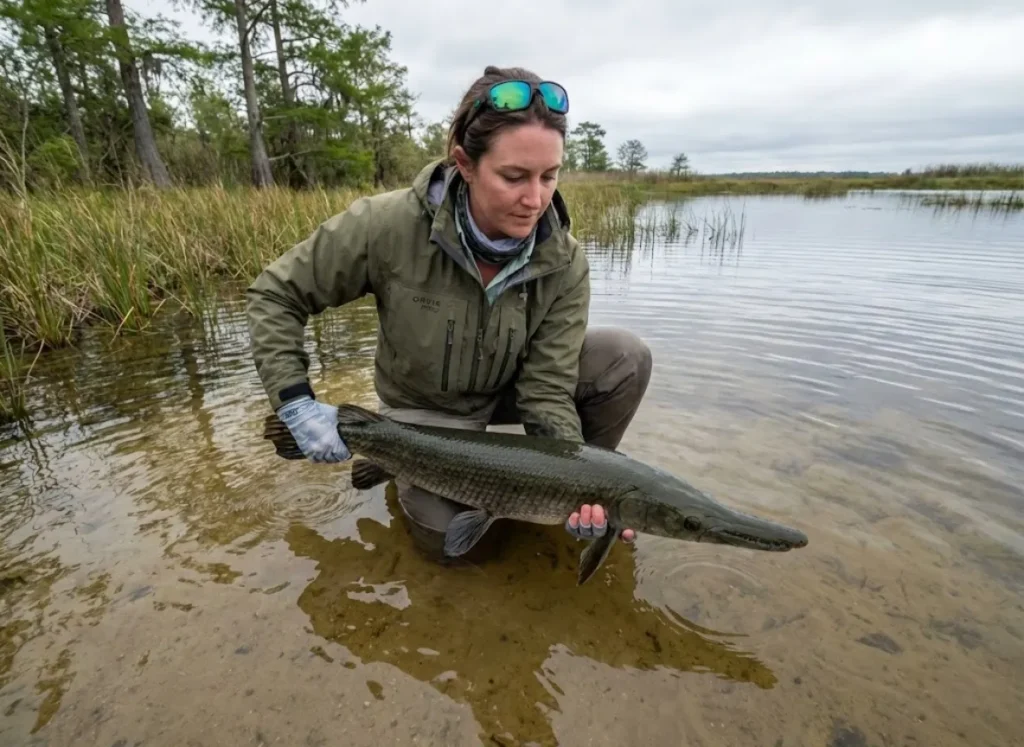 Professional fishing guide supporting alligator gar horizontally in shallow Louisiana marsh water