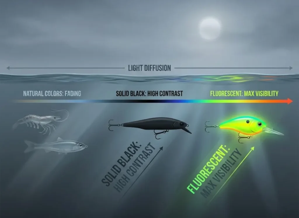 A sophisticated 3D spectrum chart comparing fishing lure visibility under altostratus cloud cover. The visual demonstrates how natural, translucent lures fade into the gray-blue light, while solid black and fluorescent lures maintain high-contrast silhouettes.