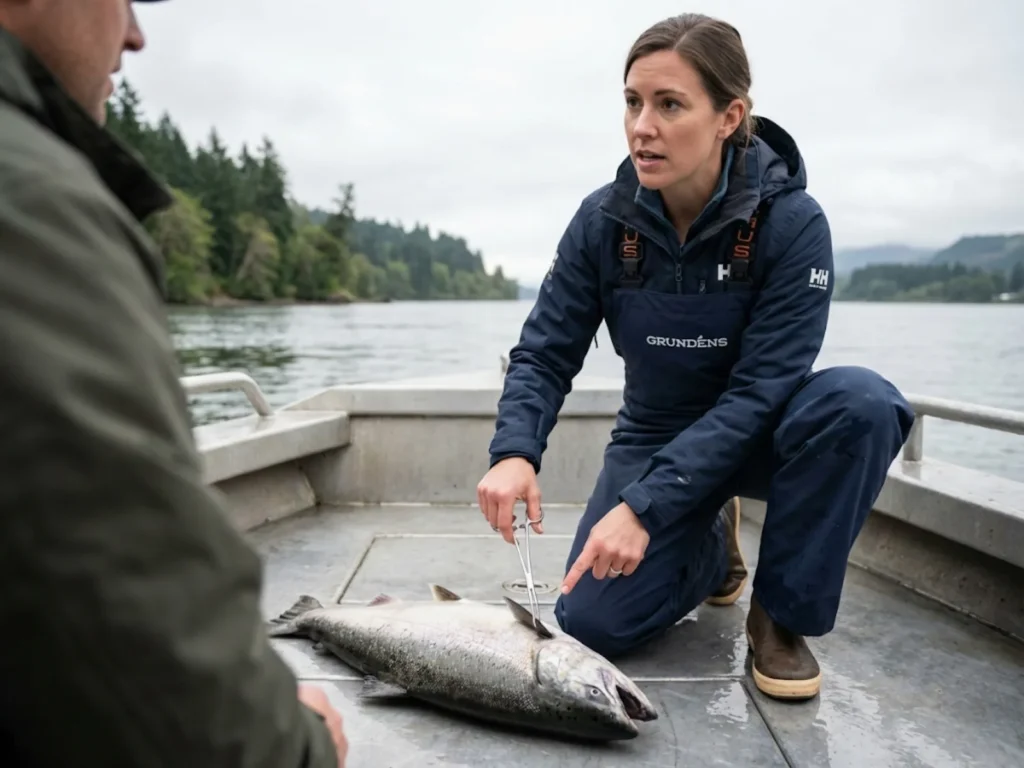 Fisheries biologist examining jaw-hooked salmon demonstrating low-mortality anatomical hooking location