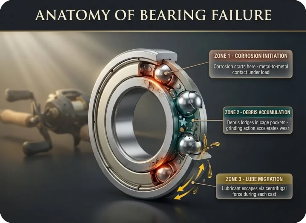 Technical cross-section diagram of a fishing reel ball bearing showing the three failure zones: corrosion initiation at race contact points, debris accumulation in cage pockets, and lubricant migration from outer race edges.