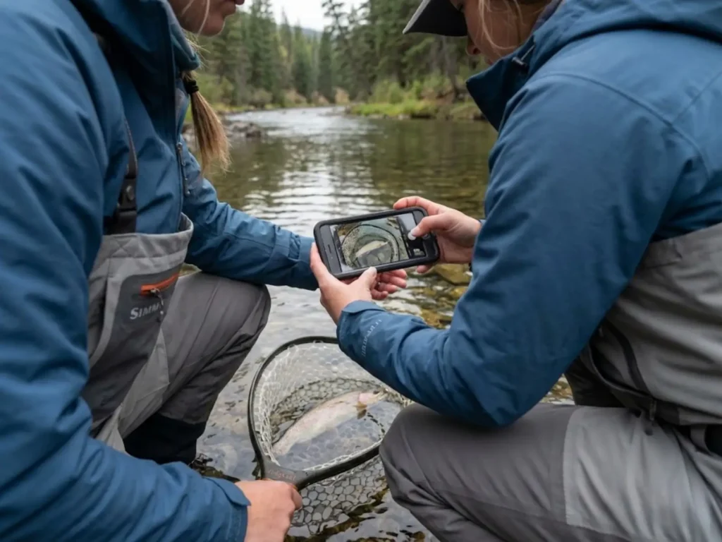 Female angler demonstrating ethical fish photography keeping fish in water