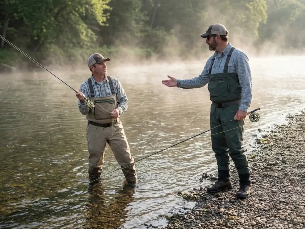 Anglers demonstrating proper communication before entering shared fishing water