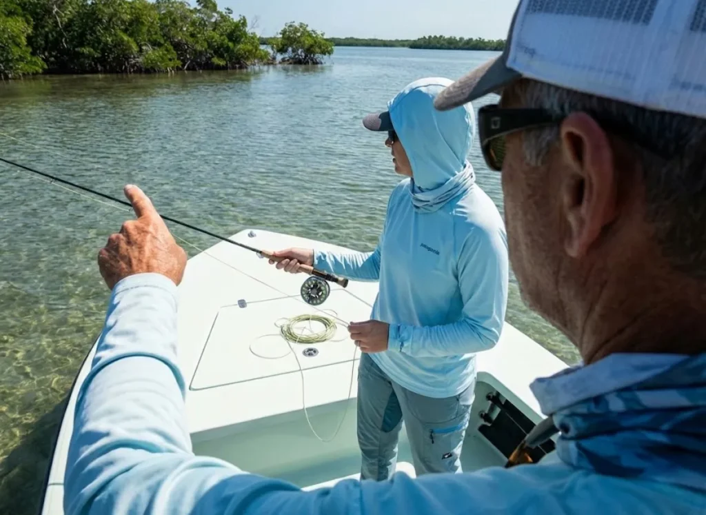 A fishing guide pointing out a fish to an angler on the bow of a skiff, demonstrating the clock system communication for sight fishing.