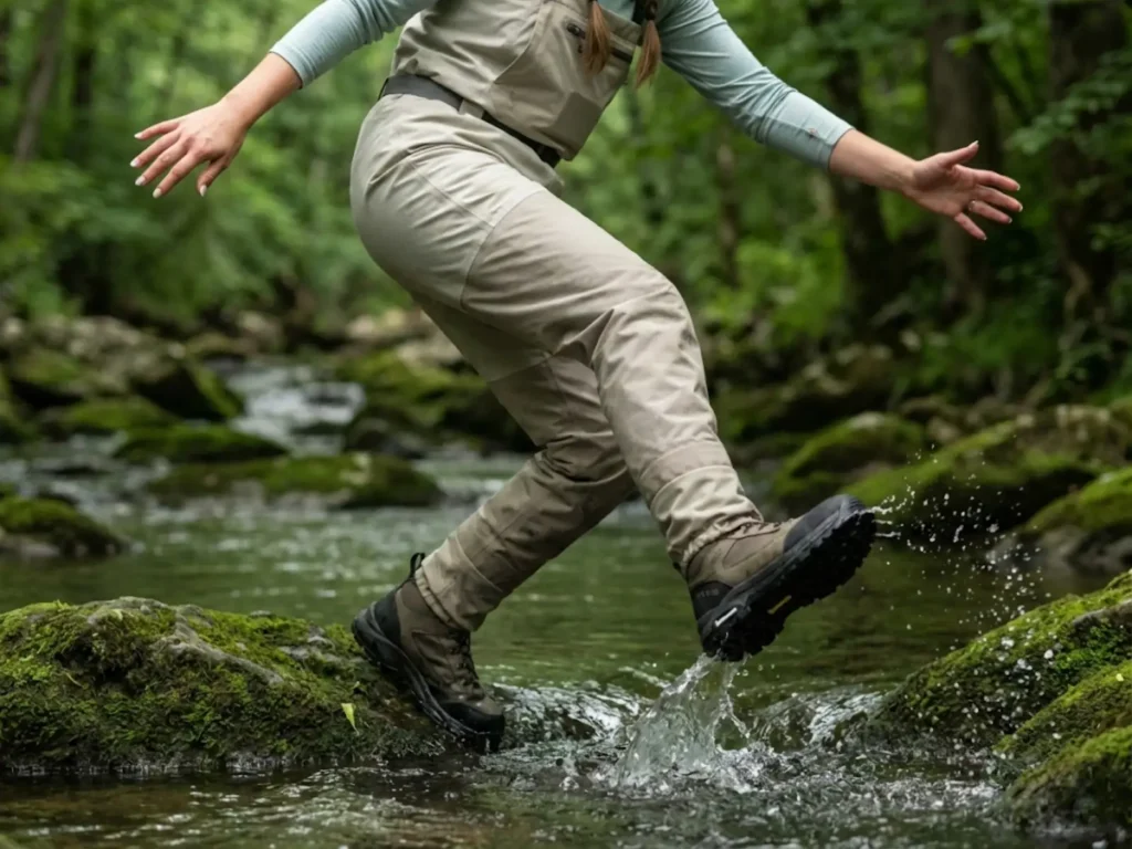 Female angler slipping on algae-covered rocks in a stream wearing Orvis PRO boots