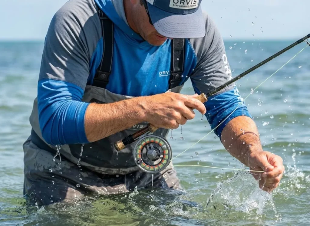 Close-up of an angler wading in saltwater, water droplets splashing near clean hands and high-end fishing gear.