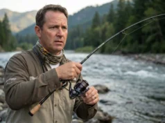 Reel Anti-Reverse Not Working? 6 Fast Fixes (No Disassembly) Angler fighting fish with anti-reverse reel failure causing handle back-spin during hookset on mountain river