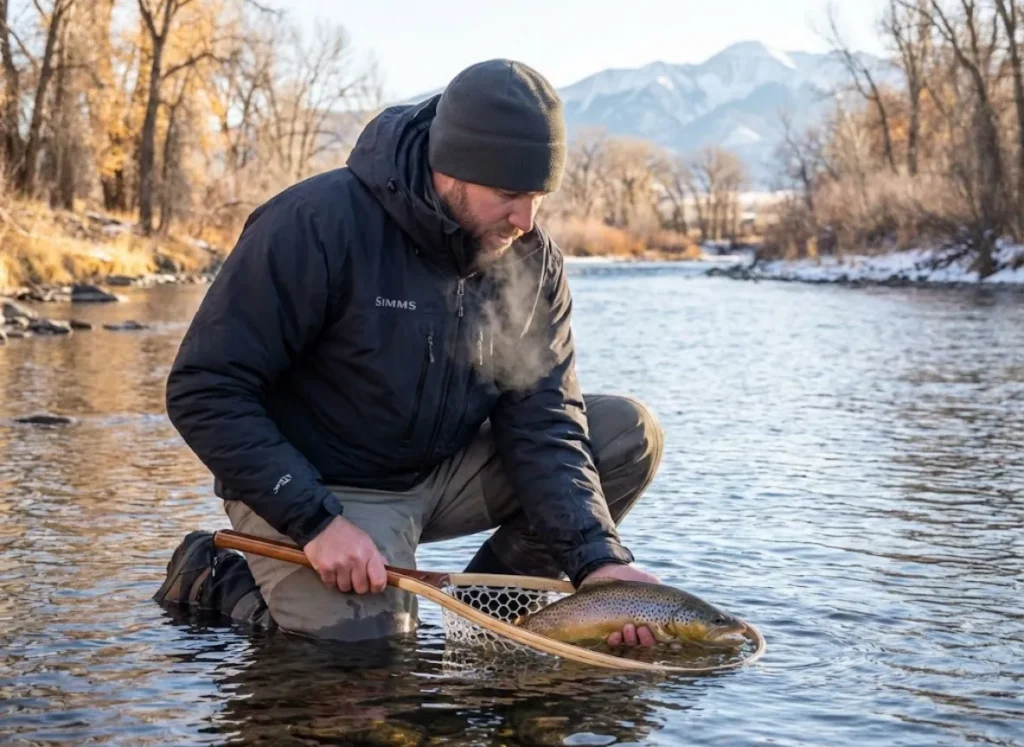 Winter fly fishing Arkansas River Colorado brown trout netting cold weather