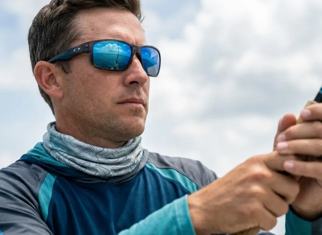 Close-up of an angler wearing Costa Del Mar sunglasses, reflecting the horizon and sky, symbolizing the connection between atmospheric pressure and fishing.