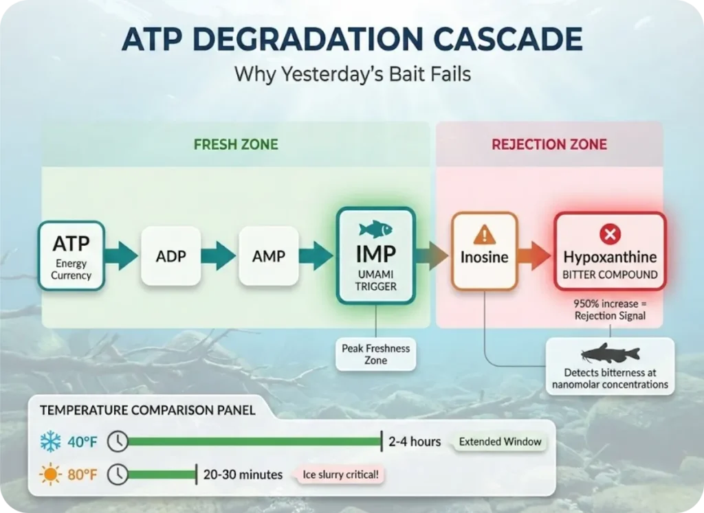 Scientific infographic showing the ATP degradation cascade in baitfish from fresh IMP (umami trigger) to rejected Hypoxanthine (bitter compound), with temperature-dependent timelines comparing 40°F versus 80°F decay rates.