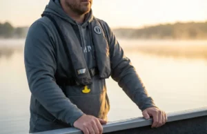 Auto vs Manual Inflatable Life Jackets Explained Professional angler wearing a Mustang Survival inflatable life jacket on a misty lake at sunrise, highlighting the sleek design and high-tech materials.