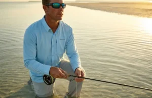 Avoid Stingray Injuries While Wading the Flats A professional angler wading in crystal clear shallow water during sunrise, wearing premium Simms fishing gear and Costa sunglasses, scanning the flats for fish.