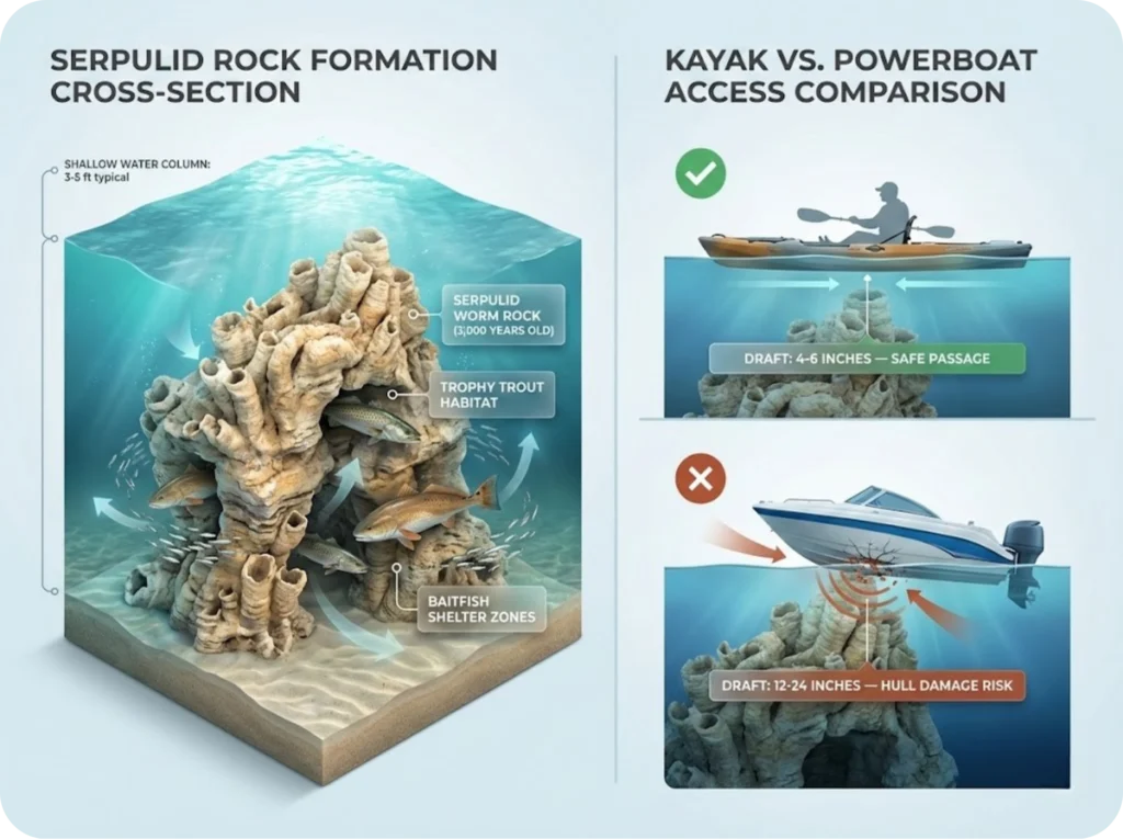 Educational infographic showing Baffin Bay serpulid worm rock formations, underwater depth profile with fish habitat zones, and kayak versus powerboat access comparison over shallow reef hazards.