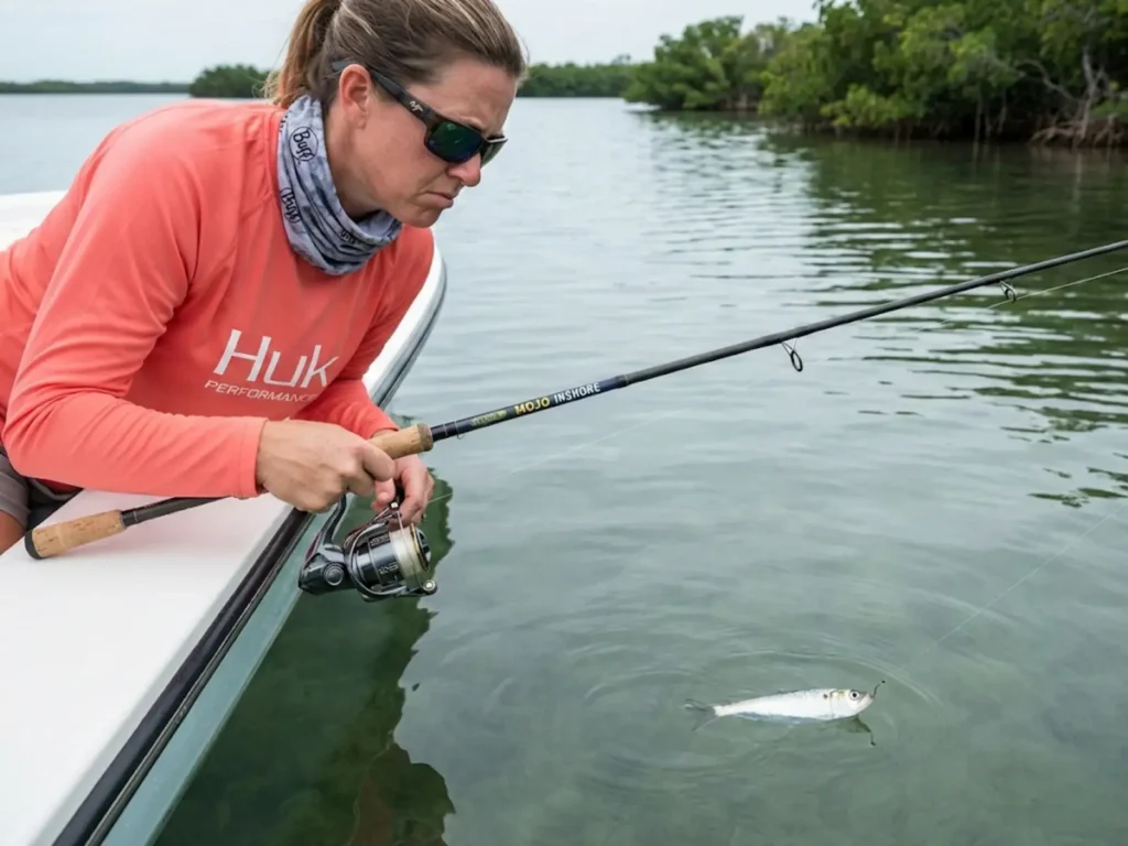 Angler observing live bait swimming back to boat due to improper hook placement in calm water conditions