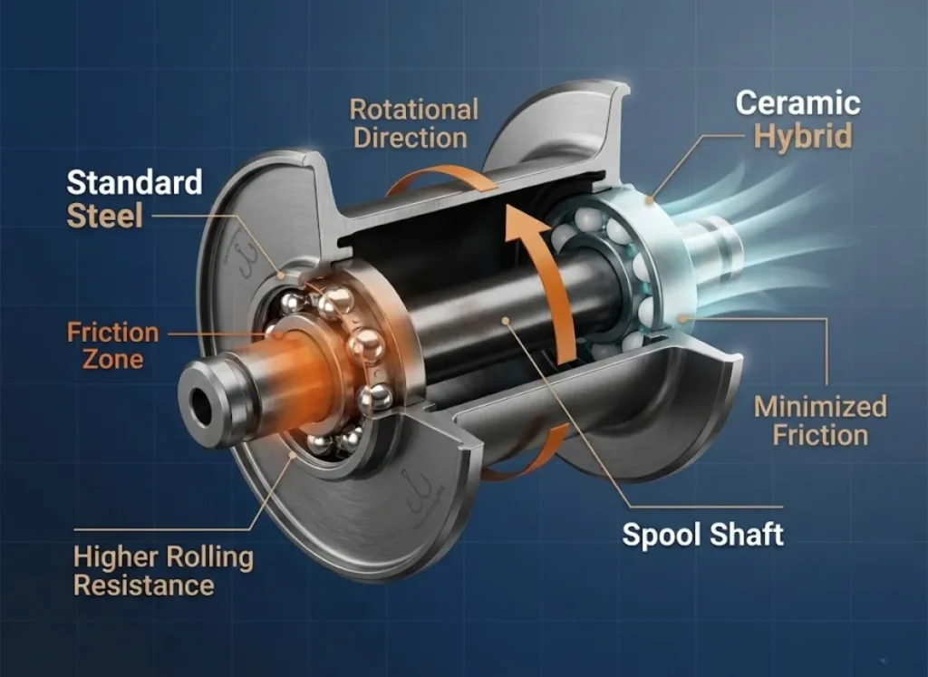 A detailed 3D technical cross-section of a baitcasting reel spool, highlighting the location of two spool bearings. The diagram compares steel versus ceramic performance with visual heat maps indicating friction zones and rotational direction arrows.