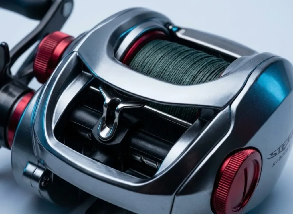 Macro detail shot of a high-end baitcasting reel featuring a shallow spool and braided line for skipping lures.
