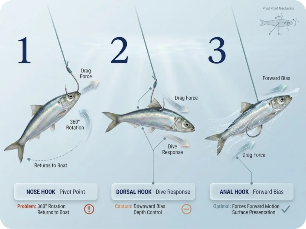 Technical diagram showing three baitfish rigging methods with hook placements at nose, dorsal, and anal positions, illustrating how drag force direction affects swimming behavior and pivot points for each configuration.