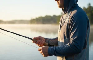 Balance Your Rod and Reel for All-Day Comfort A professional angler holding a G. Loomis fishing rod with a relaxed grip during a sunrise fishing session, highlighting ergonomic comfort and premium Simms gear.