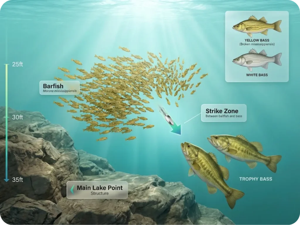 Underwater cross-section showing trophy largemouth bass positioned below a massive school of yellow barfish at 25-35 feet depth, with flutter spoon lure falling through strike zone.