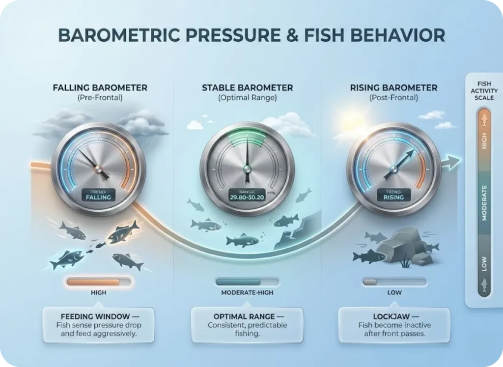 Ultra-premium timeline infographic showing barometric pressure phases with falling barometer indicating pre-frontal feeding window, stable pressure in optimal range, and rising barometer showing post-frontal lockjaw, with sophisticated 3D fish activity indicators.
