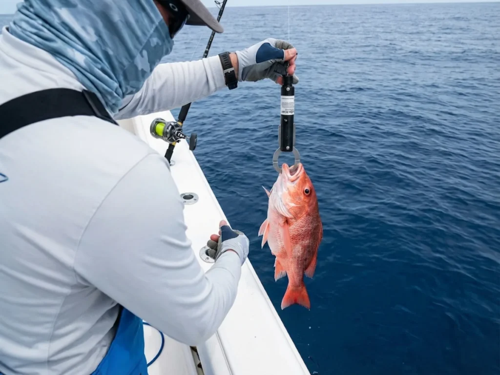 Angler using SeaQualizer descending device to safely release barotrauma-affected reef fish