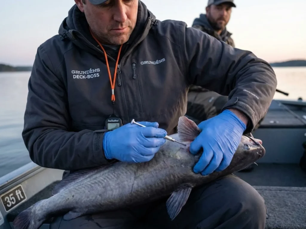 Angler performing barotrauma venting procedure on deep-caught catfish for ethical catch-and-release