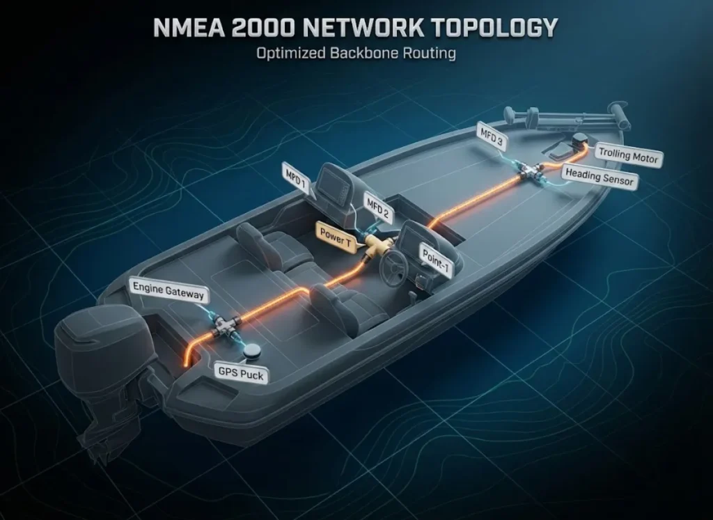 A premium, top-down technical schematic of a bass boat showing the NMEA 2000 network backbone routing, highlighting T-connector clusters at the stern, console, and bow with device labels in a glowing high-tech aesthetic.