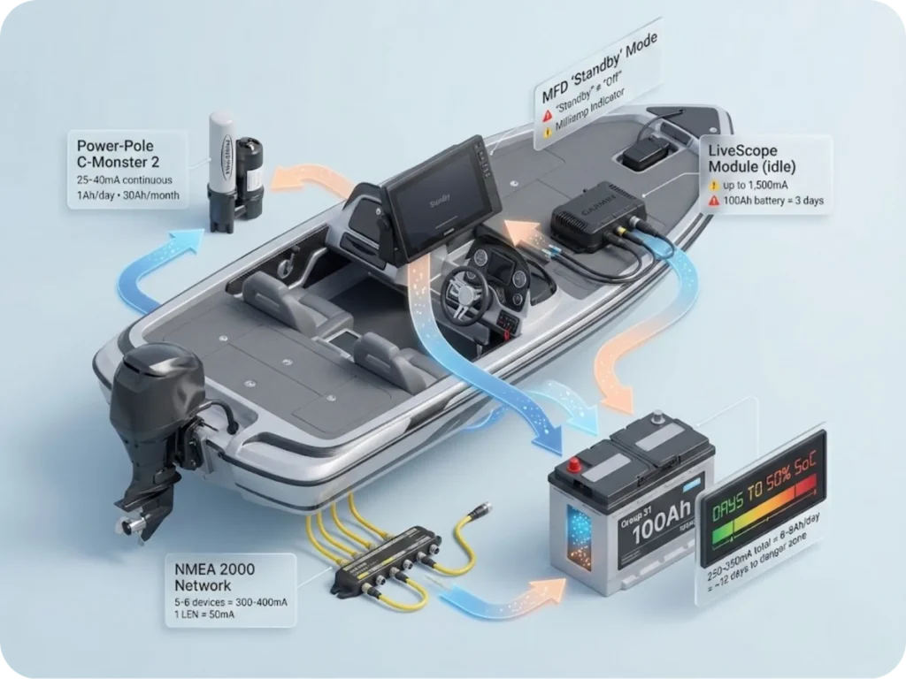 Bass boat console diagram showing parasitic battery drain sources including Power-Pole pump, LiveScope module, NMEA 2000 network, and MFD in standby mode, with milliamp values flowing into a battery graphic displaying days to 50% state of charge countdown.