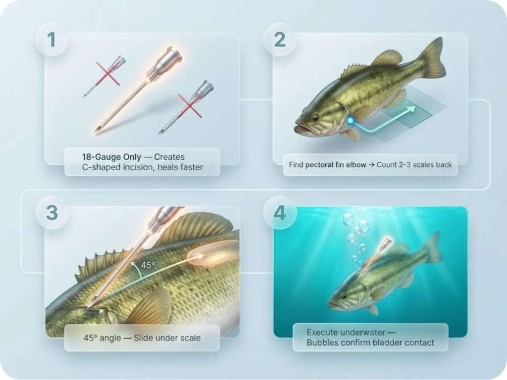 Four-panel step-by-step infographic demonstrating the John Crews fizzing method for bass: 18-gauge needle selection, pectoral fin landmark location, 45-degree insertion angle, and underwater bubble confirmation.