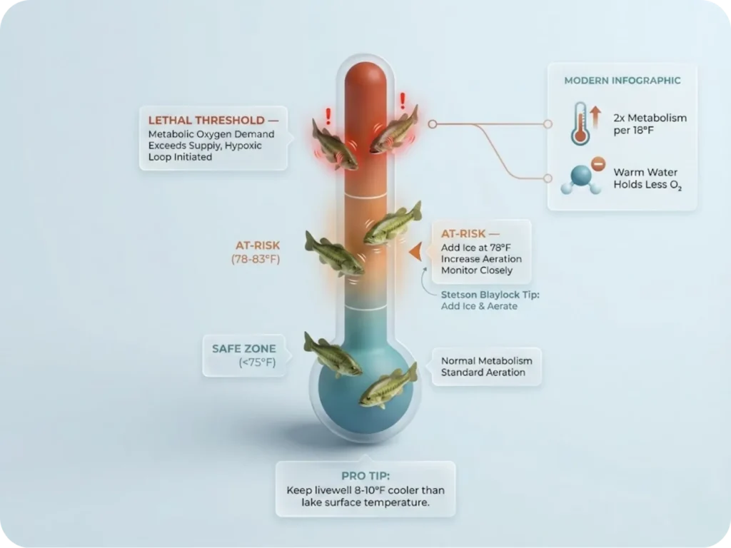 Educational infographic showing livewell temperature zones for largemouth bass survival: safe zone below 75°F, at-risk zone 78-83°F, and lethal zone above 84°F, with corresponding metabolic states and required interventions.