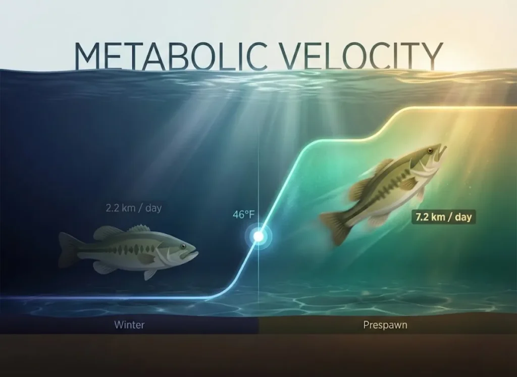 A stunning 3D data visualization titled 'Metabolic Velocity' set underwater, showing a line graph spiking upwards. A largemouth bass is shown resting in cold water on the left, and swimming rapidly in warmer water on the right, illustrating the relationship between 46°F water temperature and increased travel distance.