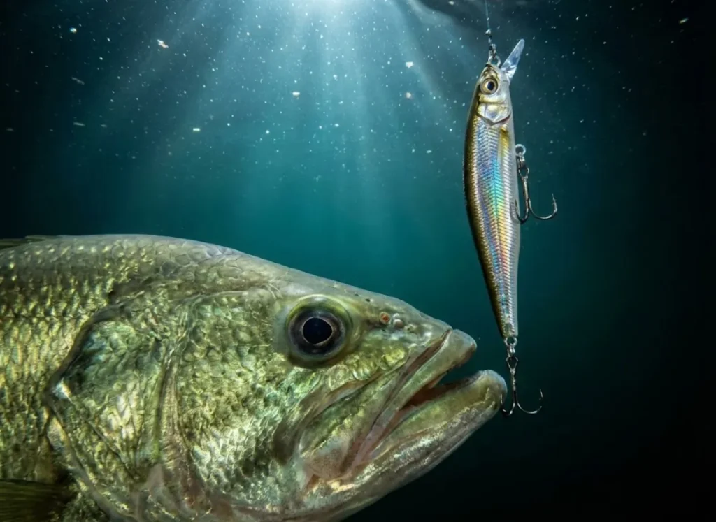 Close-up underwater shot of a largemouth bass examining a suspended lure, highlighting the fish's olfactory sensors.