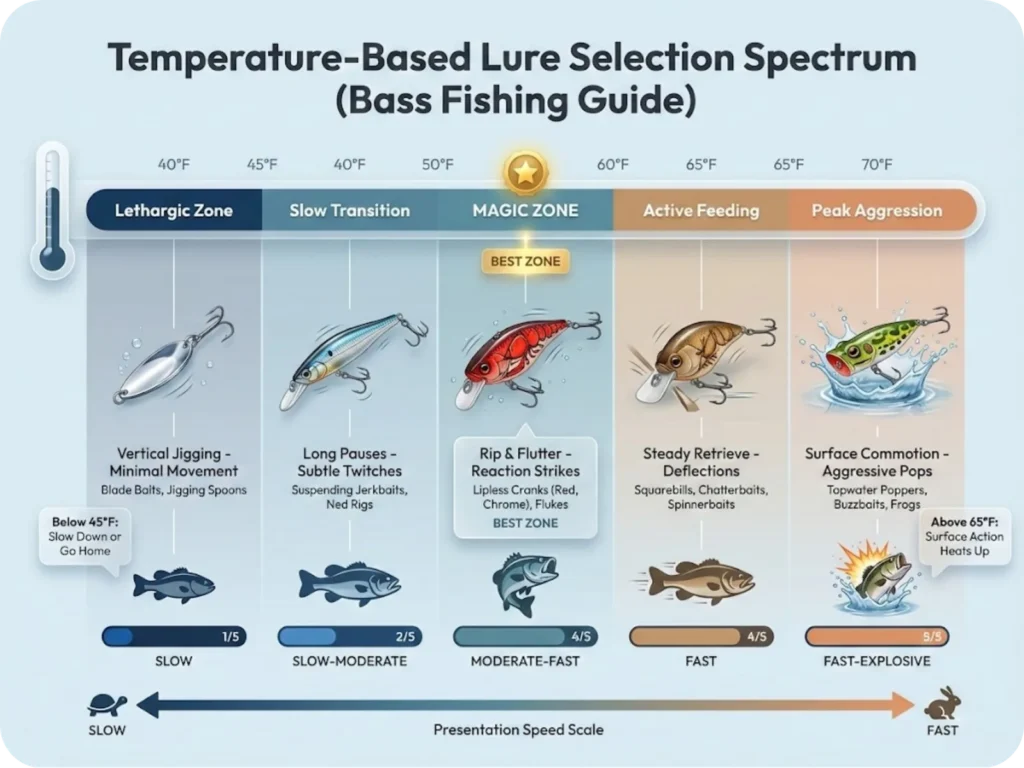 Temperature-based lure selection chart showing optimal bass fishing lures and presentation speeds from 40°F to 70°F water temperatures.