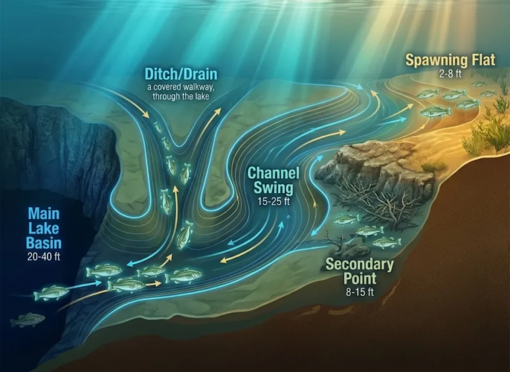 A cross-section illustration of a lake bottom showing bass migration. A V-shaped channel labeled 'Ditch/Drain' with fish swimming leads from a 'Main Lake Basin' through a 'Channel Swing' and 'Secondary Point' to a shallow 'Spawning Flat'. Text labels and depth ranges are integrated into the stylized underwater environment.