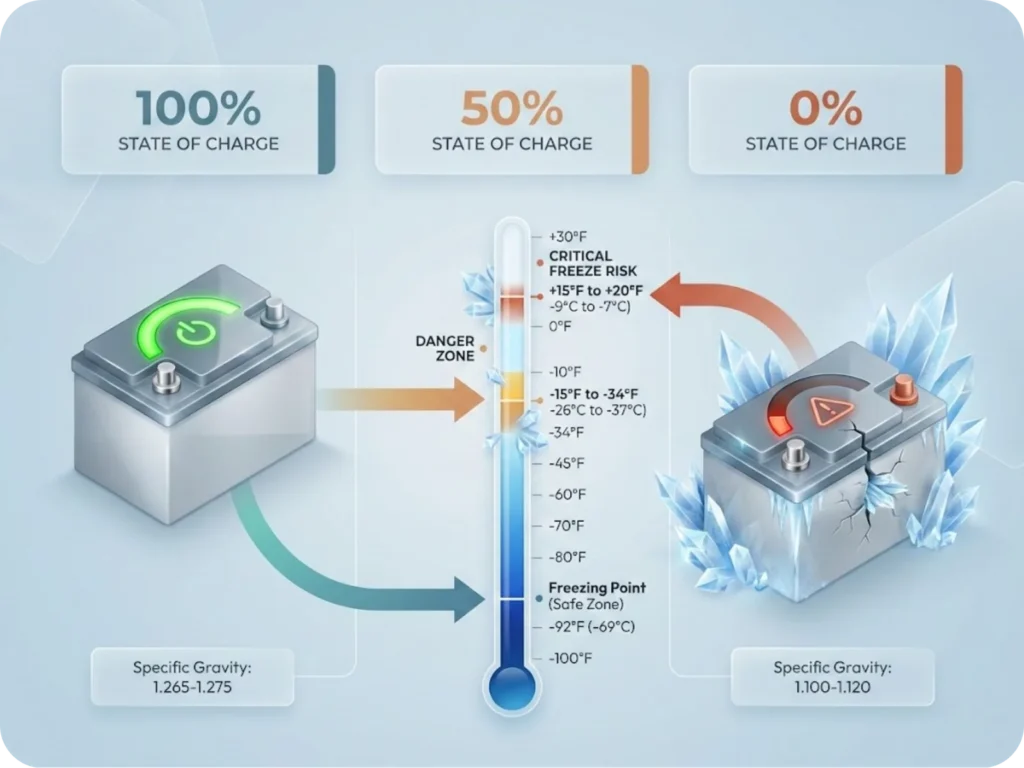 Educational infographic showing lead-acid battery freezing points at 100%, 50%, and 0% state of charge, with thermometer scale displaying temperature danger thresholds and ice crystal warning graphics.