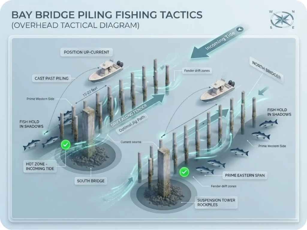 Tactical diagram showing Chesapeake Bay Bridge piling fishing strategy with tide direction, boat positioning, and optimal cast angles for different bridge spans.