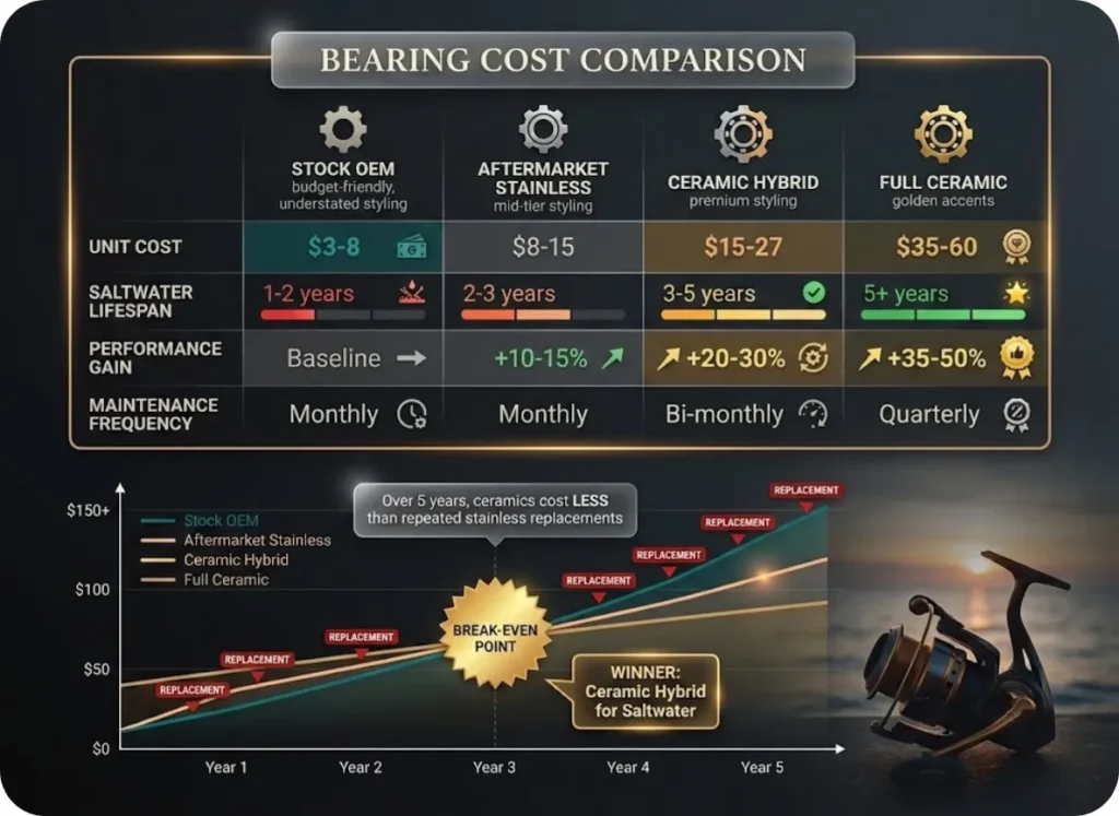 Cost comparison infographic for fishing reel bearings showing a data table comparing Stock OEM, Aftermarket Stainless, Ceramic Hybrid, and Full Ceramic bearings across cost, saltwater lifespan, performance gain, and maintenance frequency, plus a break-even timeline graph over five years.