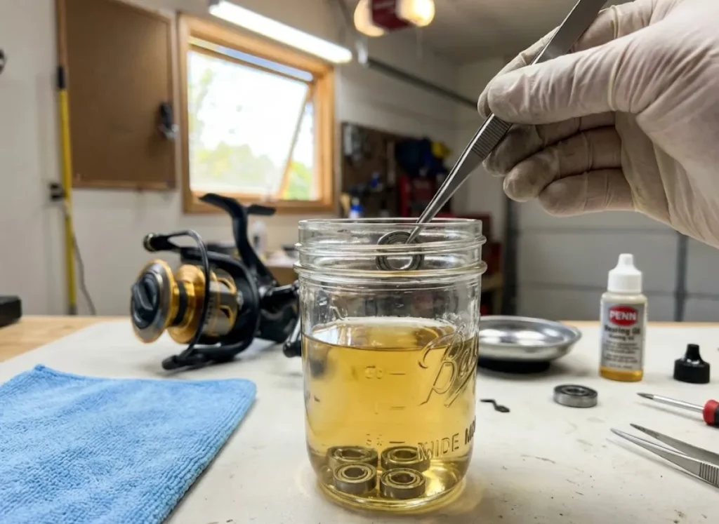 Carefully cleaning fishing reel bearings in solvent jar with tweezers
