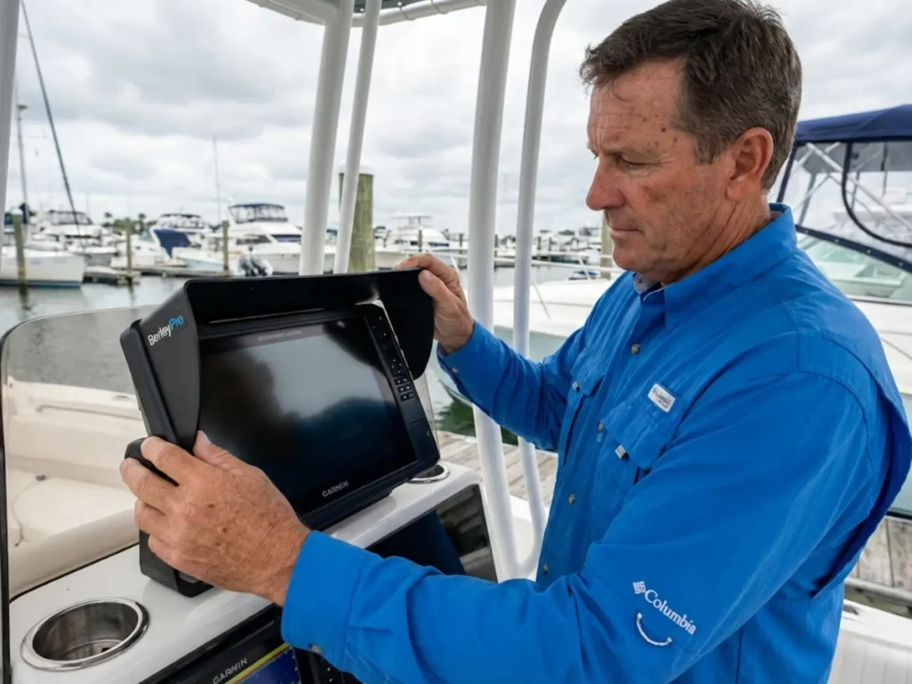 Berleypro visor installed on garmin echomap to block sun glare